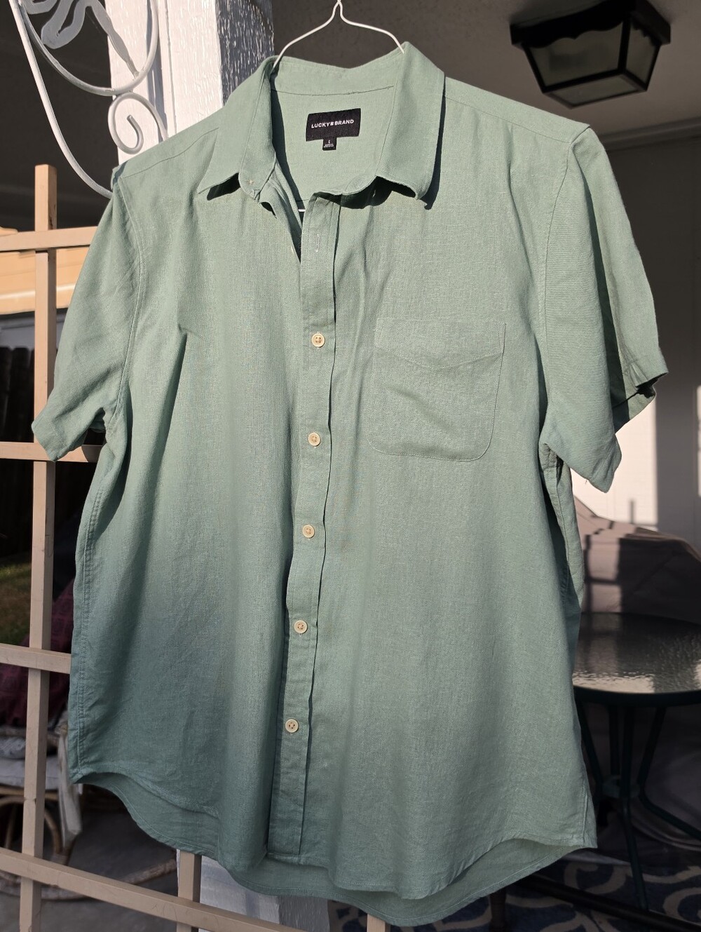 Lucky Brand Mens Linen Blend Short Sleeve Camp Collar Shirt Green L